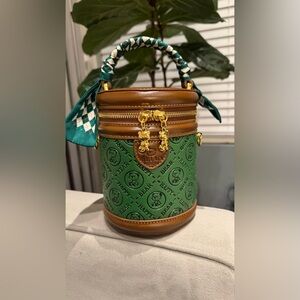 Elegant Green and Brown Handbag with Charm